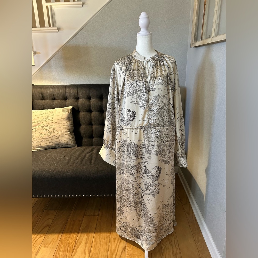 H&M women cream landscape print long sleeve Drawstring waist midi dress flowy XL